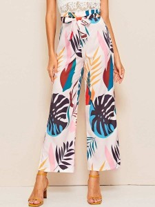 Tropical Print Belted Paperbag Waist Pants