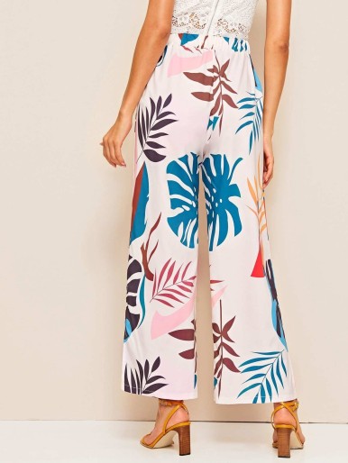 Tropical Print Belted Paperbag Waist Pants