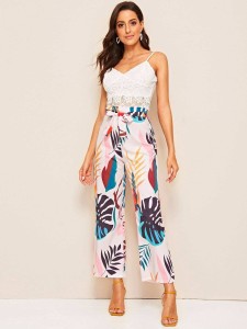 Tropical Print Belted Paperbag Waist Pants