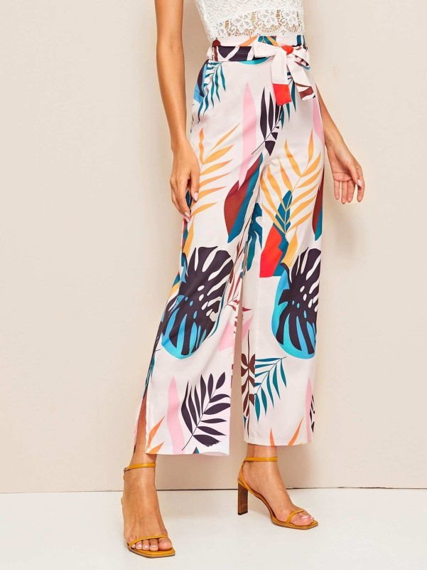 Tropical Print Belted Paperbag Waist Pants