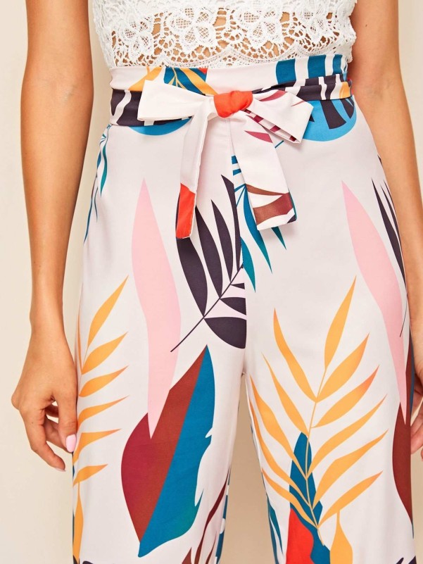 Tropical Print Belted Paperbag Waist Pants