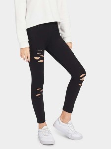 Elastic Waist Ripped Solid Leggings