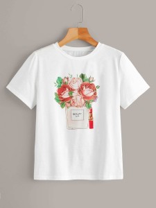 Letter And Floral Print Tee