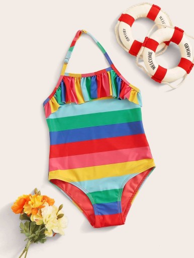 ملابس سباحة قطعة واحدة مخططة متعددة الألوان للفتيات الصغيرات