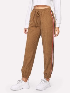 Drawstring Waist Slant Pocket Corduroy Pants