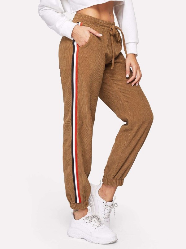 Drawstring Waist Slant Pocket Corduroy Pants