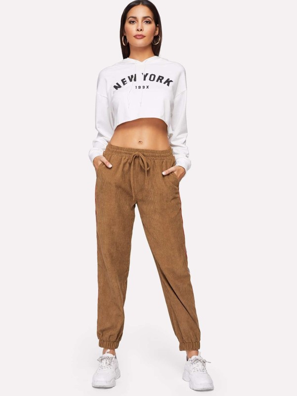 Drawstring Waist Slant Pocket Corduroy Pants