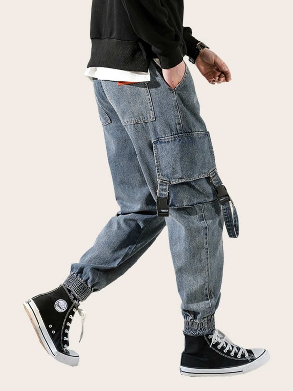 Men Flap Pocket Side Elastic Cuff Jeans