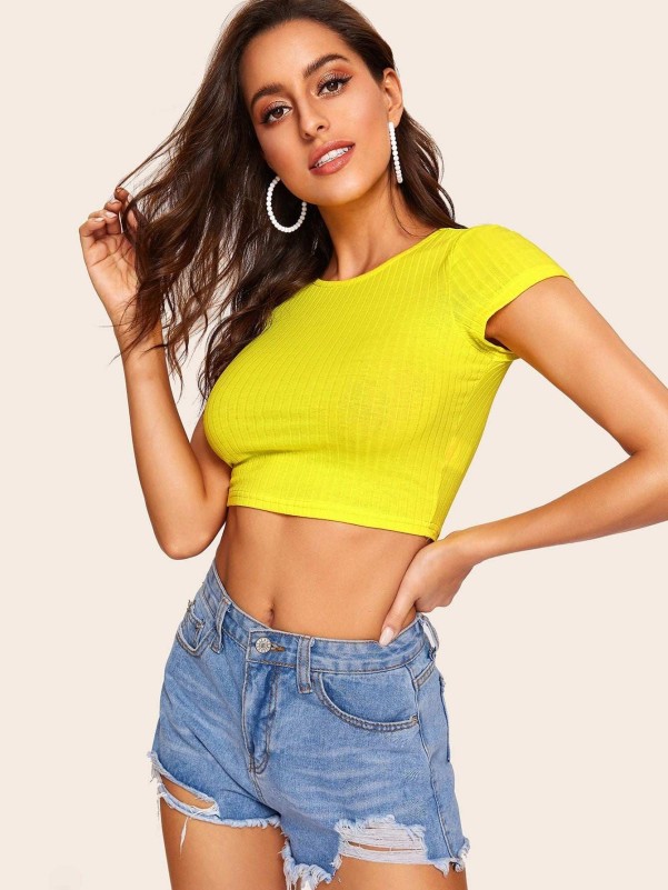 Neon Yellow Form Fitted Rib-knit Crop Tee