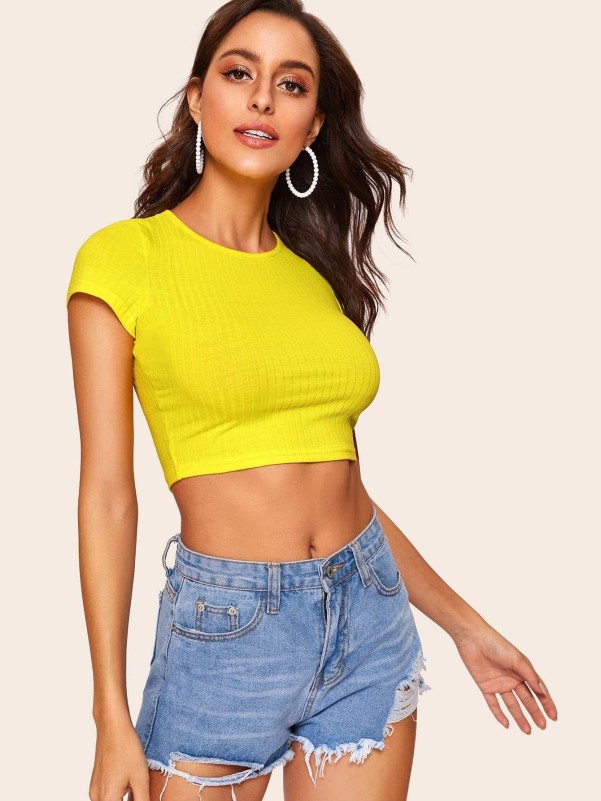 Neon Yellow Form Fitted Rib-knit Crop Tee