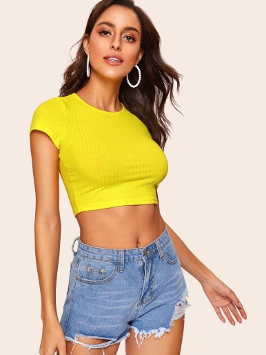 Neon Yellow Form Fitted Rib-knit Crop Tee