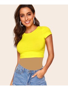 Neon Yellow Form Fitted Rib-knit Crop Tee