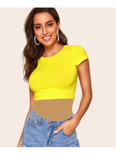Neon Yellow Form Fitted Rib-knit Crop Tee