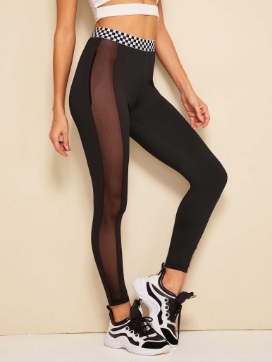 Mesh Insert Checked Tape Leggings