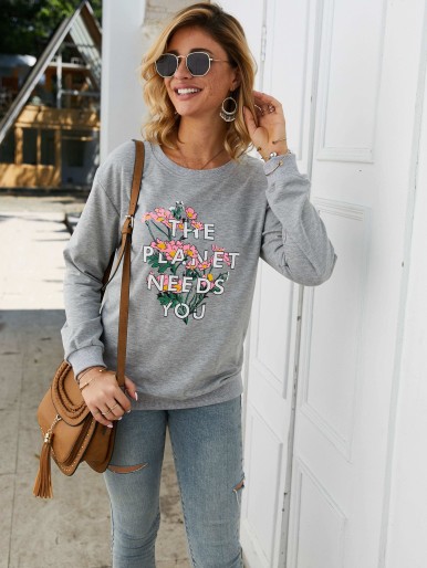 Slogan And Floral Print Sweatshirt