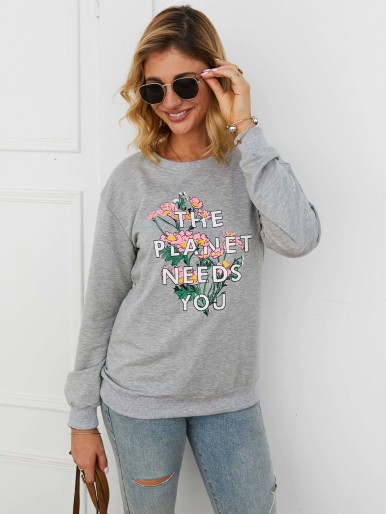 Slogan And Floral Print Sweatshirt