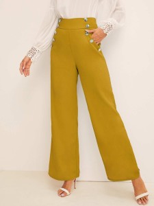 Wide Waistband Double Button Palazzo Pants