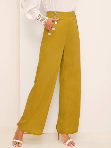 Wide Waistband Double Button Palazzo Pants