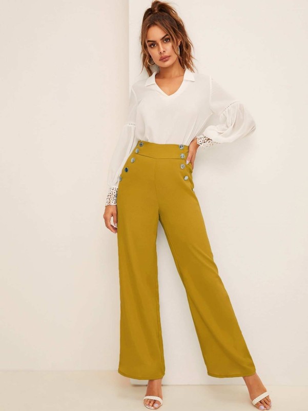 Wide Waistband Double Button Palazzo Pants