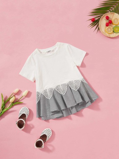 Girls Striped with Lace Detail Hem Tee