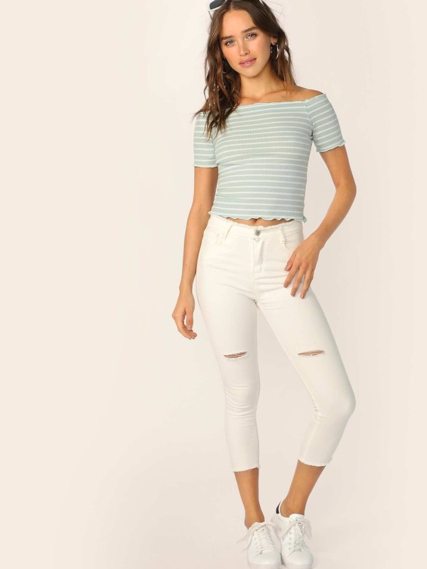 Lettuce Trim Rib-knit Striped Bardot Tee