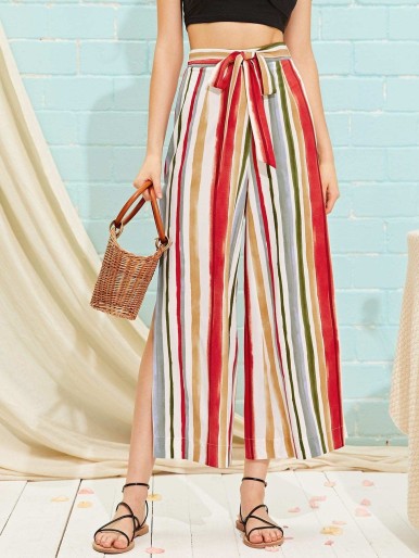 Split Side Belted Colorful Striped Wide Leg Pants