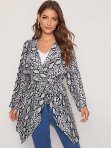 Snakeskin Print Wrap Belted Coat