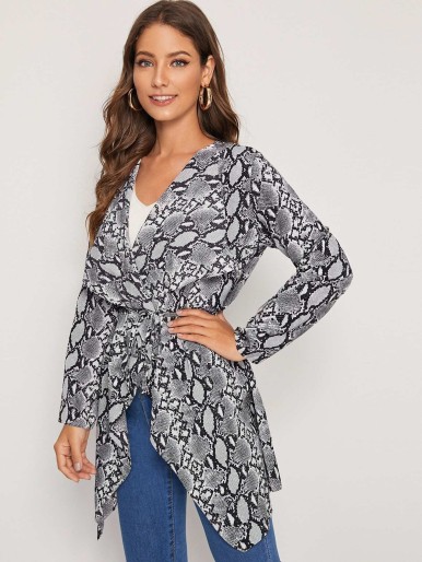 Snakeskin Print Wrap Belted Coat