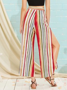 Split Side Belted Colorful Striped Wide Leg Pants