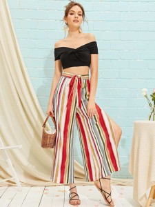 Split Side Belted Colorful Striped Wide Leg Pants