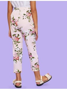 Girls Self Belted Botanical Print Peg Leg Pants