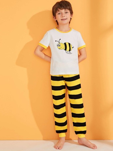 Boys Bee Ringer Tee and Two Tone Striped Pants PJ Set