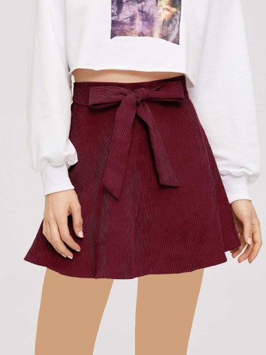 Self Belted Solid Flare Skirt