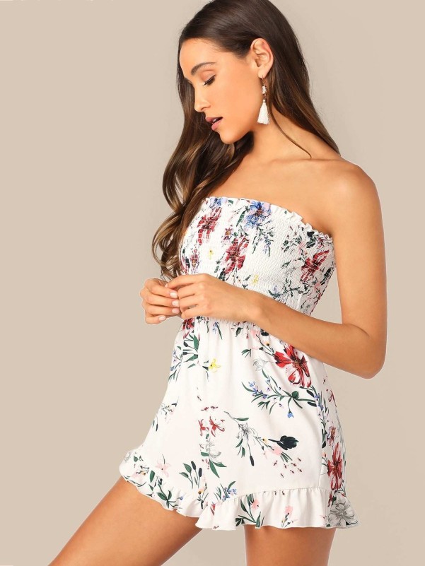 Ruffle Hem Floral Print Shirred Tube Romper