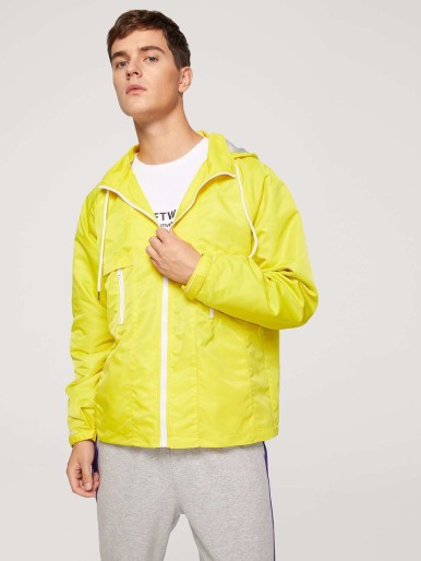 Neon Yellow Men Zip Pocket Front Hoodie Coat