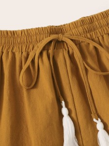 Tassel Drawstring Waist Fringe Lace Hem Shorts
