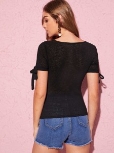 Knotted Cuff Button Front Form Fitting Tee