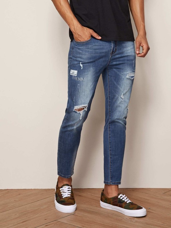 Men Button Waist Ripped Washed Jeans