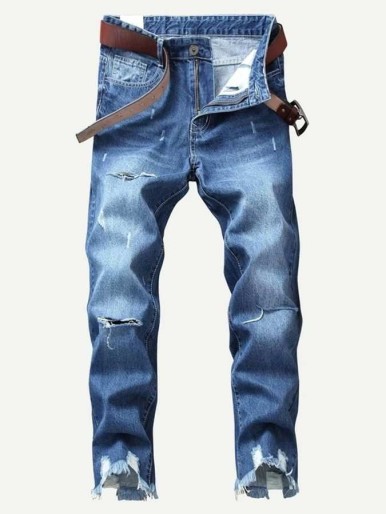 Men Distress Ripped Crop Straight Jeans
