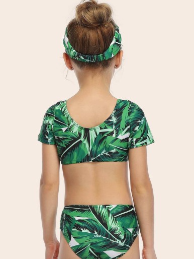 Girls Tropical Drawstring Bikini Swimsuit With Headband