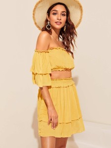 Frilled Bardot Top and Shirred Waist Skirt Set