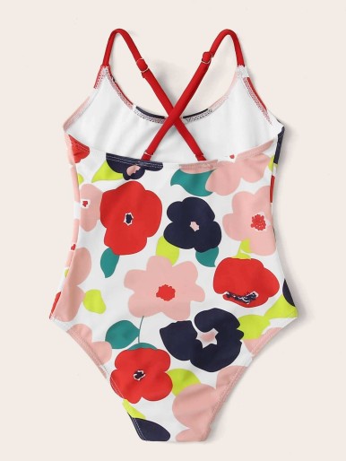 الفتيات الصغيرات الأزهار طباعة متقاطع ملابس السباحة قطعة واحدة