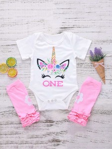Baby Girl Letter And Cartoon Print Bodysuit With Frill Socks
