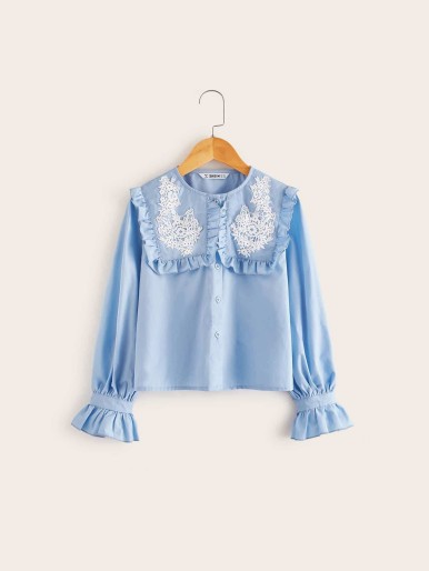 Girls Guipure Lace Ruffle Trim Babydoll Collar Shirt