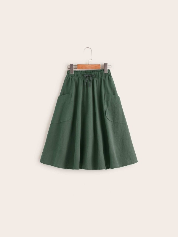 Girls Elastic Waist Patch Pocket Flare Skirt