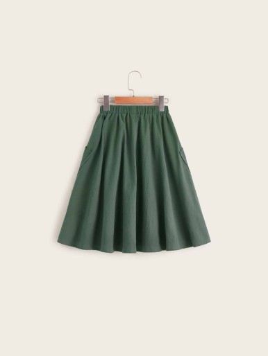 Girls Elastic Waist Patch Pocket Flare Skirt