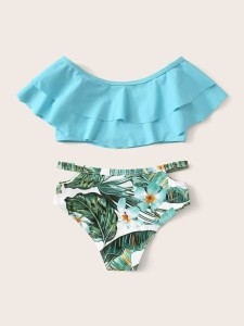 Girls Tropical Tiered Layer Bardot Bikini Swimsuit