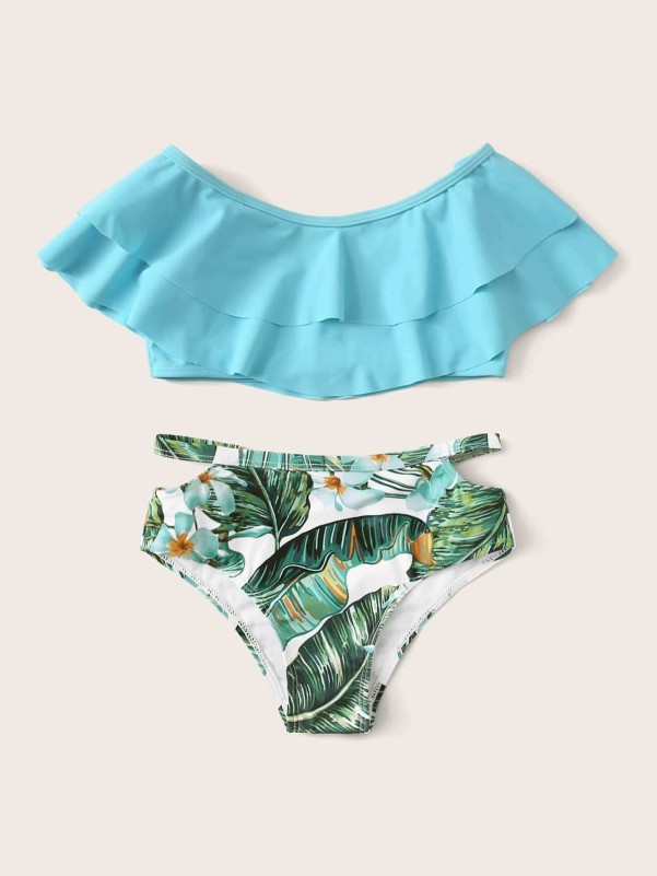 Girls Tropical Tiered Layer Bardot Bikini Swimsuit