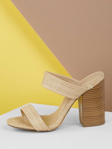 Raffia Woven Double Band Stacked Heel Sandals