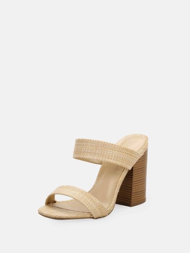 Raffia Woven Double Band Stacked Heel Sandals
